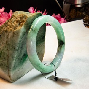 61mm Natural Grade A Burmese Jade Bracelet Bangle – Translucent Light Green “Moss-in-Snow” Jadeite Genuine Untreated, Luxury Amulet Lucky