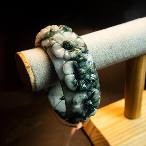 61mm –Natural Burmese Jadeite Jade Bangle Grade A Moss-in-Snow Green & White Jade Bracelet | Hand-Carved Floral Amulet | Lucky Gift for Her