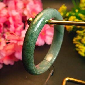 58mm Genuine Grade A Burmese Jadeite Jade Bracelet – Hand-Carved Natural Green  White Jadeite Bangle for Luck, Prosperity, Healing & Balance
