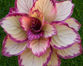 May include: A close-up of a Calathea plant with large, colorful leaves. The leaves are cream-colored with deep purple edges and veins. The center of the plant has deep purple leaves. The plant is set against a green background.