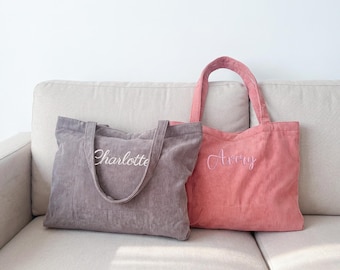 Embroidered Name Corduroy Tote Bag – Personalized Gift