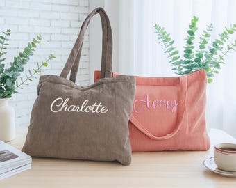 Personalized Corduroy Tote Bag, Custom Embroidered Name Tote, Everyday & Weekend Essential, Christmas Gift for Her