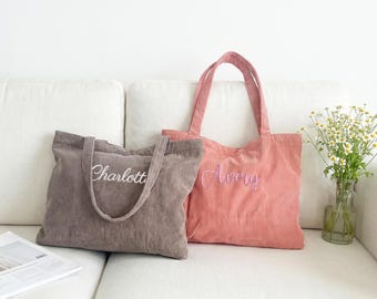 Custom Embroidered Corduroy Tote Bag,Personalized Name Bag, Weekend Getaways & Holiday Gifts