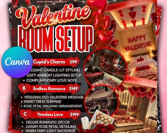 Folleto de configuración de habitación para San Valentín, folleto de reserva para San Valentín, folleto de febrero, folleto de compra inmediata, folleto de decoración de habitaciones, folleto de reserva de hotel, editable en Canva
