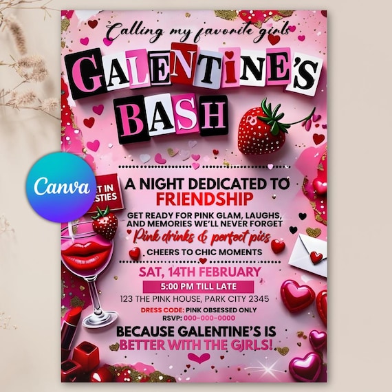 Editable Burn Book Galentine's Day Invite, Pink Girls Party Invitation, Valentine's Day Invite, Girls Only, Mean Girls Galentines Invite