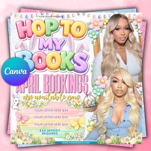 May include: A promotional graphic with the text "Hop to My Books April Bookings are available now." The design features pastel colors, Easter-themed elements, and images of two women. The Canva logo is visible.