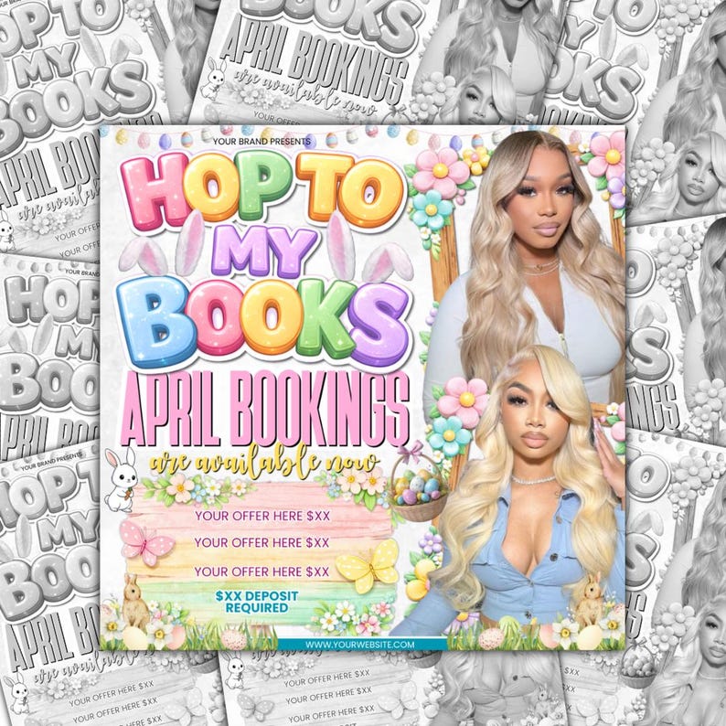 Editable April Booking Flyer, Easter Theme, Hop to My Books, Canva Template, Instant Digital Download, Service Promotion