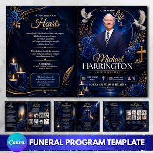 May include: A funeral program template featuring a dark blue background with gold accents, blue roses, and white doves. The cover displays a portrait of Michael Harrington, birth and death dates, and the text Forever in Our Hearts.