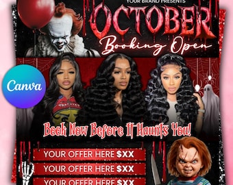 October Booking Flyer, October Books Open, Halloween Hair Flyer, Spooky SZN Flyer, October Hair Flyer, Nails MUA Lash Locs Wig, DIY Canva