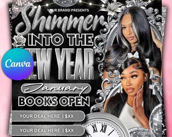 January Booking Flyer: New Years, Appointment, Hair Lash wig Nail Book Now (Canva Template)