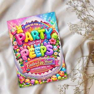 Easter egg Hunt Invitation, Party with my Peeps, Easter Bunny Invite, Gold Easter Egg, Easter Party Invite, Instant Download, Editable Canva