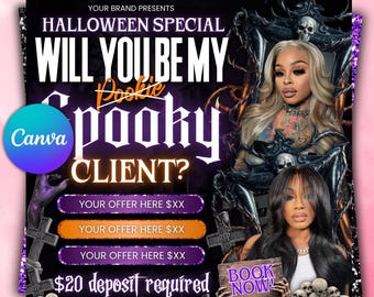 Speciale haarflyer oktober, griezelige seizoensboekingen beschikbaar flyer, Spooktober Kapsalon prijslijst pruik installatieverkoop Canva-sjabloon