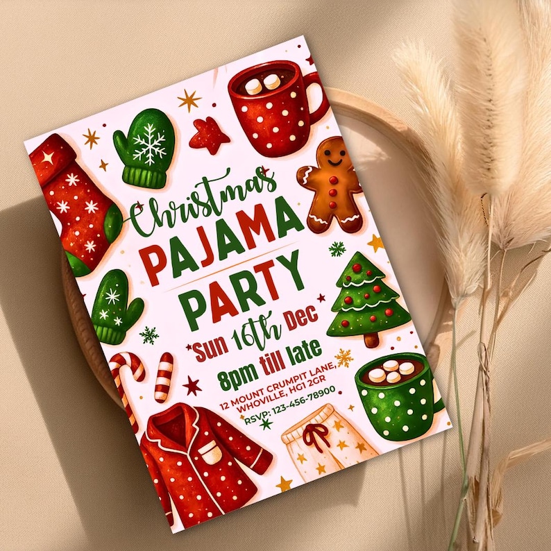 Christmas Pajama Party Invitation, Pajama Invitation, Christmas Party Invitation, Holiday Party Invite, Xmas Party, Editable Canva Template