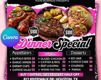 Folleto de ofertas de cena, plantilla de menú de restaurante, folleto de comida editable, promoción de cafetería, folleto imprimible de ofertas de comida, ofertas de catering en Canva