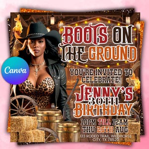 Puede incluir: Invitación digital con temática de vaquera. El texto dice "Boots on the Ground" e invita a los invitados al 30 cumpleaños de Jenny. El diseño incluye una mujer con sombrero de vaquero, barriles, balas de heno y un rifle.