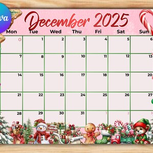 May include: A pink December 2025 calendar with a festive Christmas theme. The calendar features a grid layout with dates and days of the week. Decorative elements include candy canes, stockings, and a snowman.