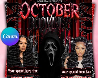 October Booking Flyer, October Books Open, Halloween Hair Flyer, Spooky SZN Flyer, October Hair Flyer, Nails MUA Lash Locs Wig, DIY Canva