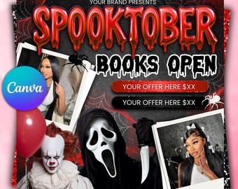 May include: A promotional graphic for "Spooktober" with the text "Books Open." The design features images of a woman, Pennywise the clown, and the Ghostface killer. The Canva logo is visible, along with website and social media handles.