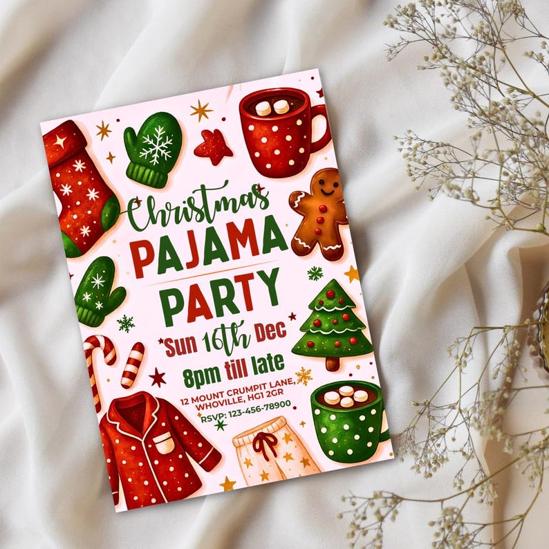 Christmas Pajama Party Invitation, Pajama Invitation, Christmas Party Invitation, Holiday Party Invite, Xmas Party, Editable Canva Template