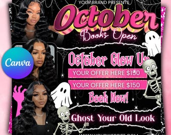 October Booking Flyer, October Books Open, Halloween Hair Flyer, Spooky SZN Flyer, October Hair Flyer, Nails MUA Lash Locs Wig, DIY Canva