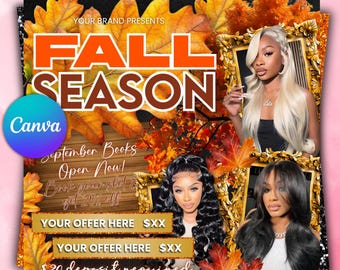 Fall Season Booking Flyer, Fall Szn Sale, September Booking Flyer, Fall Season Lash Nails Braids MUA Autumn Flyer, Fall Wig Install Flyer