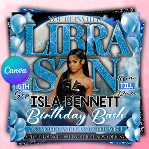 May include: A party invitation with a blue and black design. The text reads "YOU'RE INVITED LIBRA SEASON" with the name "ISLA BENNETT" and "Birthday Bash". Includes the date, time, and location.