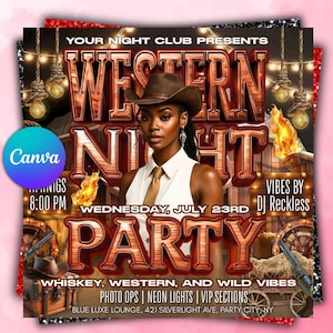 Western Party Flyer, Birthday Western Party Flyer, Night Club Flyer, Summer Pool Party Flyer, Cowgirl, Social Media Flyer, Canva Editable