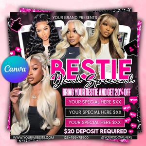 Bring a Friend Sale Flyer, Bestie Deal, Book Now Flyer, Hair Booking Flyer, Wig install flyer, Lash Booking, Makeup Braid Nail Makeup Flyer