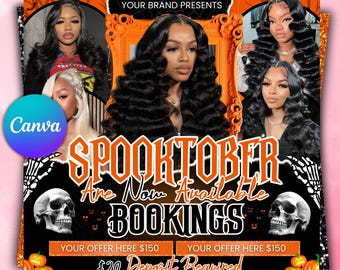 October Booking Flyer, October Books Open, Halloween Hair Flyer, Spooky SZN Flyer, October Hair Flyer, Nails MUA Lash Locs Wig, DIY Canva