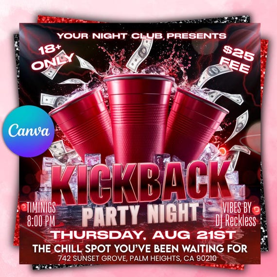 Kickback Party Flyer, Editable Kickback Club Flyer, Club DJ Party Invite, Event Flyer, Social Media Flyer, Canva Template, Instant Download