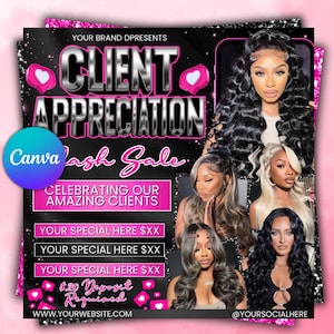 Puede incluir: Un folleto promocional en negro y rosa con el texto "CLIENT APPRECIATION" en plata. El folleto incluye imágenes de mujeres con varios peinados y el texto "Canva Lash Sale". También incluye una dirección de sitio web y un identificador de redes sociales.