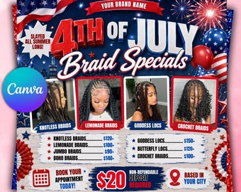 July Braids Flyer, Braids Price List Flyer, Summer Flyer, Hair Stylist Flyer, Lashes Flyer, Braids Special Flyer Template, Nail wig install