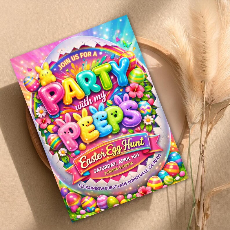 Easter egg Hunt Invitation, Party with my Peeps, Easter Bunny Invite, Gold Easter Egg, Easter Party Invite, Instant Download, Editable Canva
