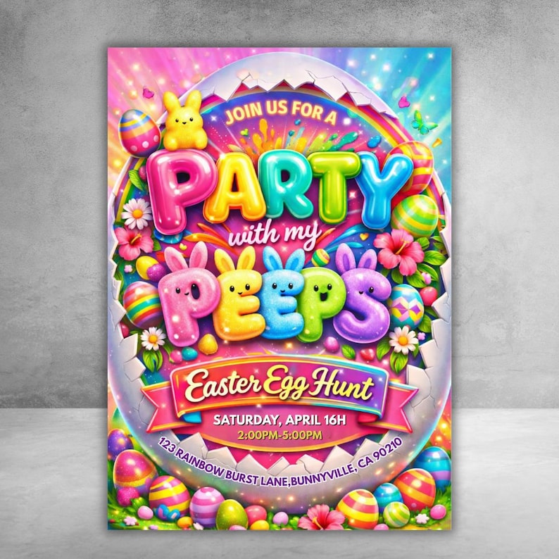 Easter egg Hunt Invitation, Party with my Peeps, Easter Bunny Invite, Gold Easter Egg, Easter Party Invite, Instant Download, Editable Canva