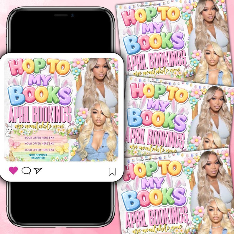 Editable April Booking Flyer, Easter Theme, Hop to My Books, Canva Template, Instant Digital Download, Service Promotion