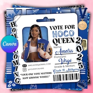 May include: A blue and white Homecoming campaign badge featuring a photo of a young woman wearing a blue and white jacket. The badge includes the text "Vote for HOCO QUEEN 2025", the name "Amelia", and other details.