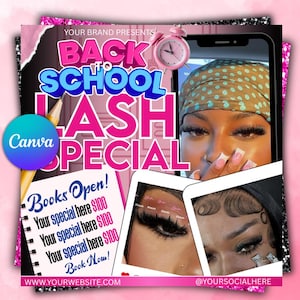 Back To School Lash Sale Flyer, Lash Tech Flyer Template, Back To School Hair Flyer, August Bookings Flyer, Canva Book Now B2S Hair Flyer