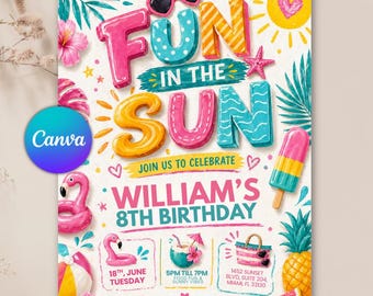 Fun in the Sun Birthday Invitation, Beach Theme Kids Party Invite, Editable Canva Template, Digital Summer Birthday Download