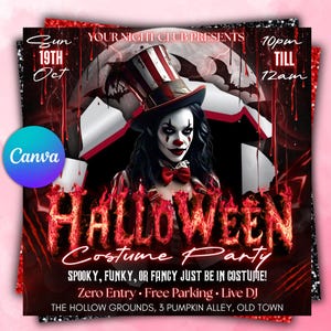 以下が含まれることがあります： ハロウィーンコスチュームパーティーのチラシ。不気味なピエロのイラストが特徴です。チラシは赤と黒で、「Halloween Costume Party」の文字が炎のように描かれています。日付、時間、場所などの詳細が含まれています。
