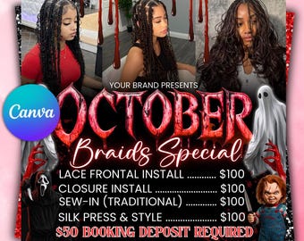October Booking Flyer, October Books Open, Halloween Hair Flyer, Spooky SZN Flyer, October Hair Flyer, Nails MUA Lash Locs Wig, DIY Canva
