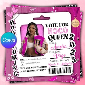 May include: A pink and white Homecoming campaign card with the text "Vote for Hoco Queen 2025". The card features a photo of a person wearing a pink jacket. The card also includes the name "Amelia", pronouns, and grade information.