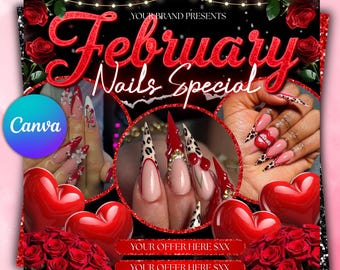 Plantilla de Canva para volante de uñas de San Valentín, editable, para promoción de manicura, imprimible, marketing de belleza, descarga digital.