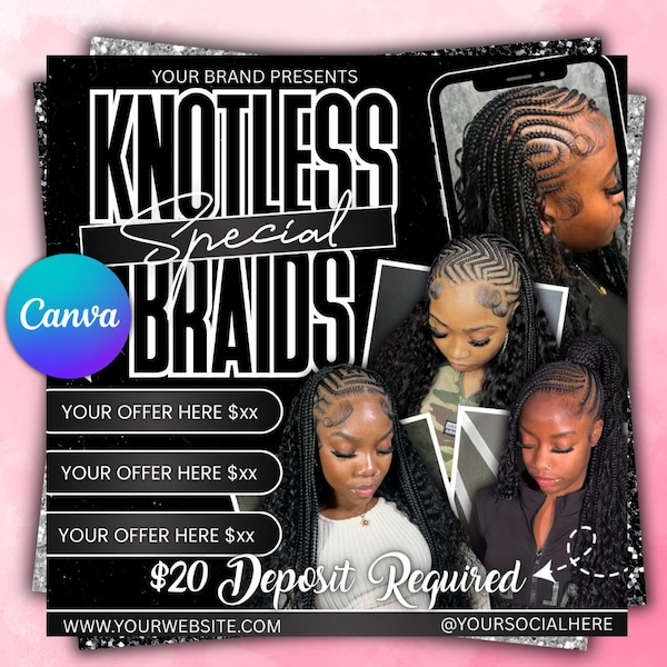 Knotless Braids Flyer: Braids Pricelist Template (Canva, Digital Download