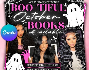October Booking Flyer, October Books Open, Halloween Hair Flyer, Spooky SZN Flyer, October Hair Flyer, Nails MUA Lash Locs Wig, DIY Canva