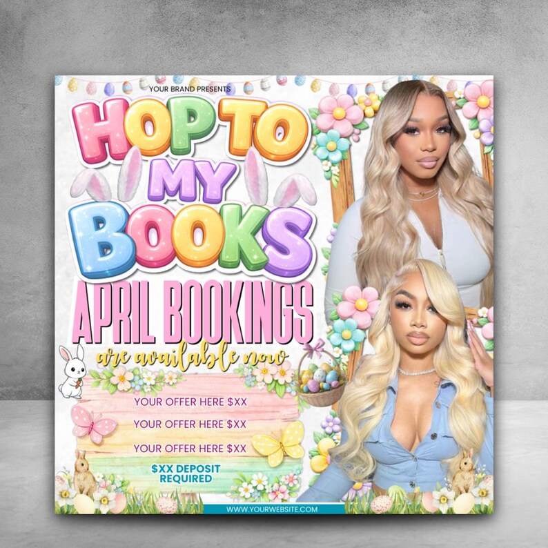 Editable April Booking Flyer, Easter Theme, Hop to My Books, Canva Template, Instant Digital Download, Service Promotion