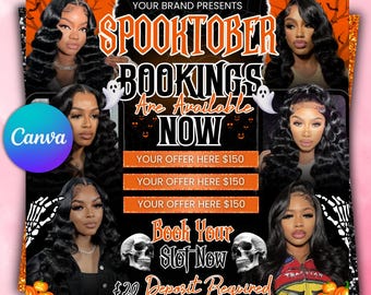 October Booking Flyer, October Books Open, Halloween Hair Flyer, Spooky SZN Flyer, October Hair Flyer, Nails MUA Lash Locs Wig, DIY Canva