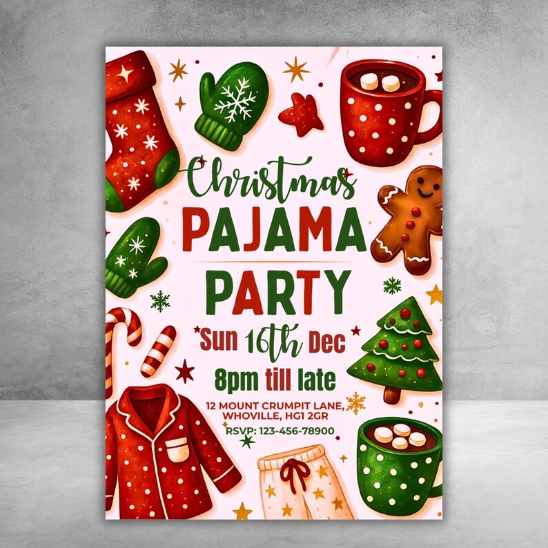 Christmas Pajama Party Invitation, Pajama Invitation, Christmas Party Invitation, Holiday Party Invite, Xmas Party, Editable Canva Template