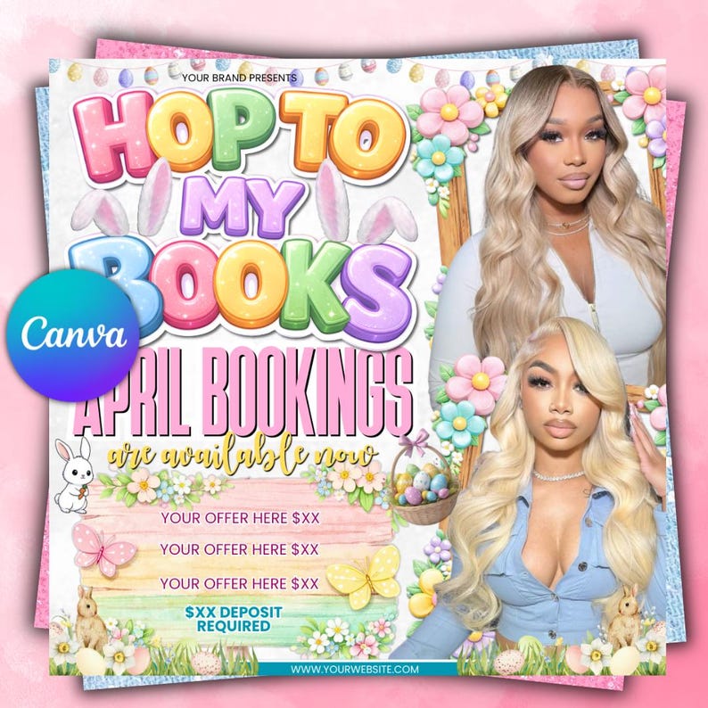 Editable April Booking Flyer, Easter Theme, Hop to My Books, Canva Template, Instant Digital Download, Service Promotion