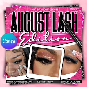 Brochure d&#39;août sur les cils, brochure de promotions sur les cils, brochure d&#39;août, cils, brochure d&#39;esthéticienne pour cils, brochure pour cheveux tresses de cils MUA Nails, modifiable sur toile
