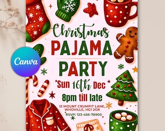 Christmas Pajama Party Invitation, Pajama Invitation, Christmas Party Invitation, Holiday Party Invite, Xmas Party, Editable Canva Template